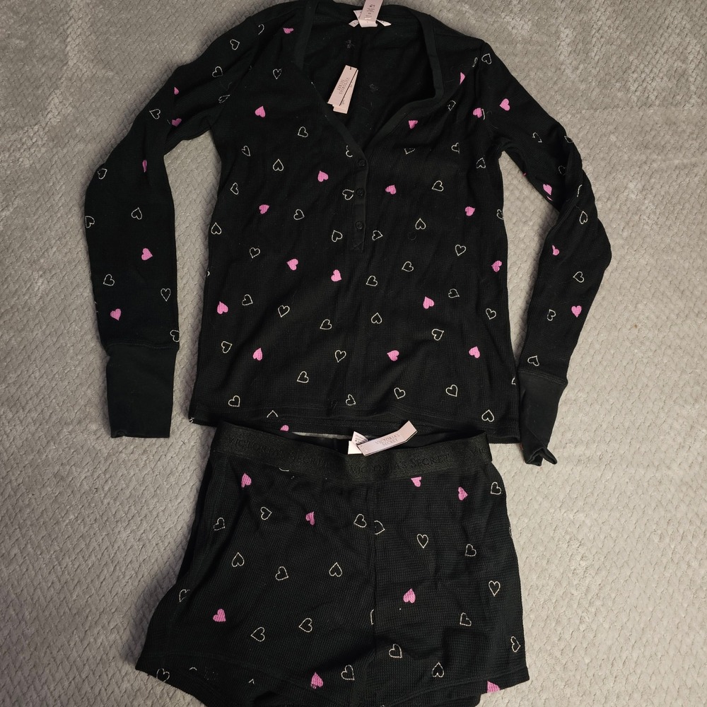Victoria's Secret Pajama Set Women XS Black Pink Hearts Lounge Sleepwear NWT